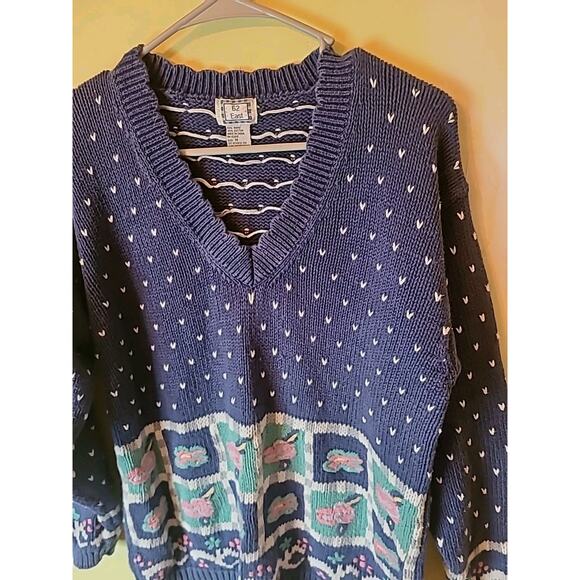 Vintage Women's Medium Heavy Knit V-neck Sweater Blue Hearts Flowers Grandma Mom - Picture 2 of 5